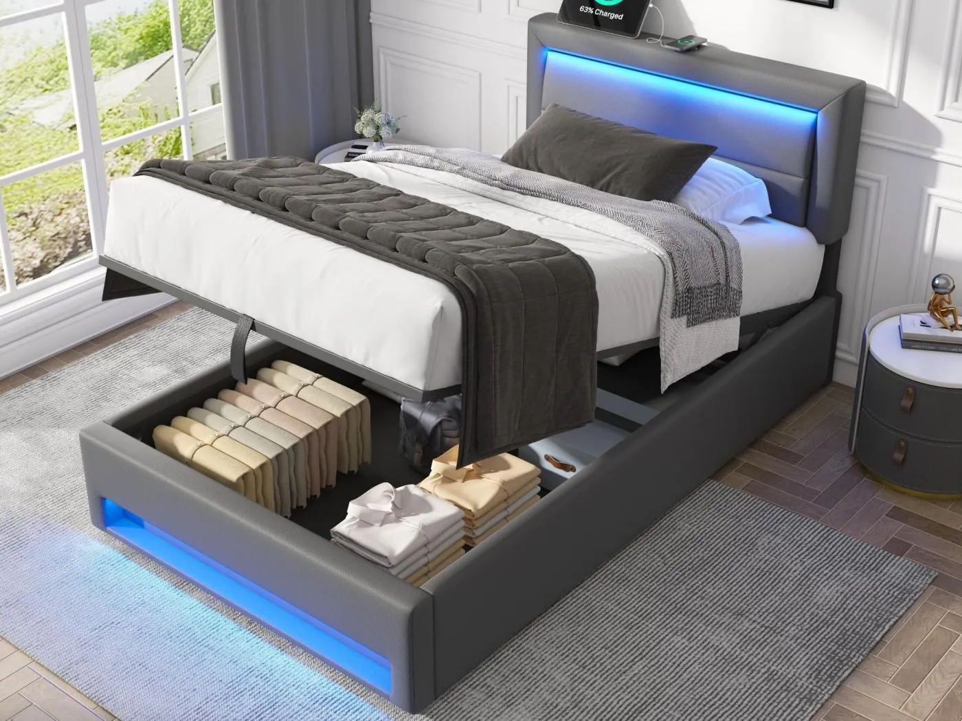 90 x 190 cm großes Stauraumbett aus Kunstleder mit LED – mit Ladeanschlüssen (kabelgebunden und kabellos) – Grau