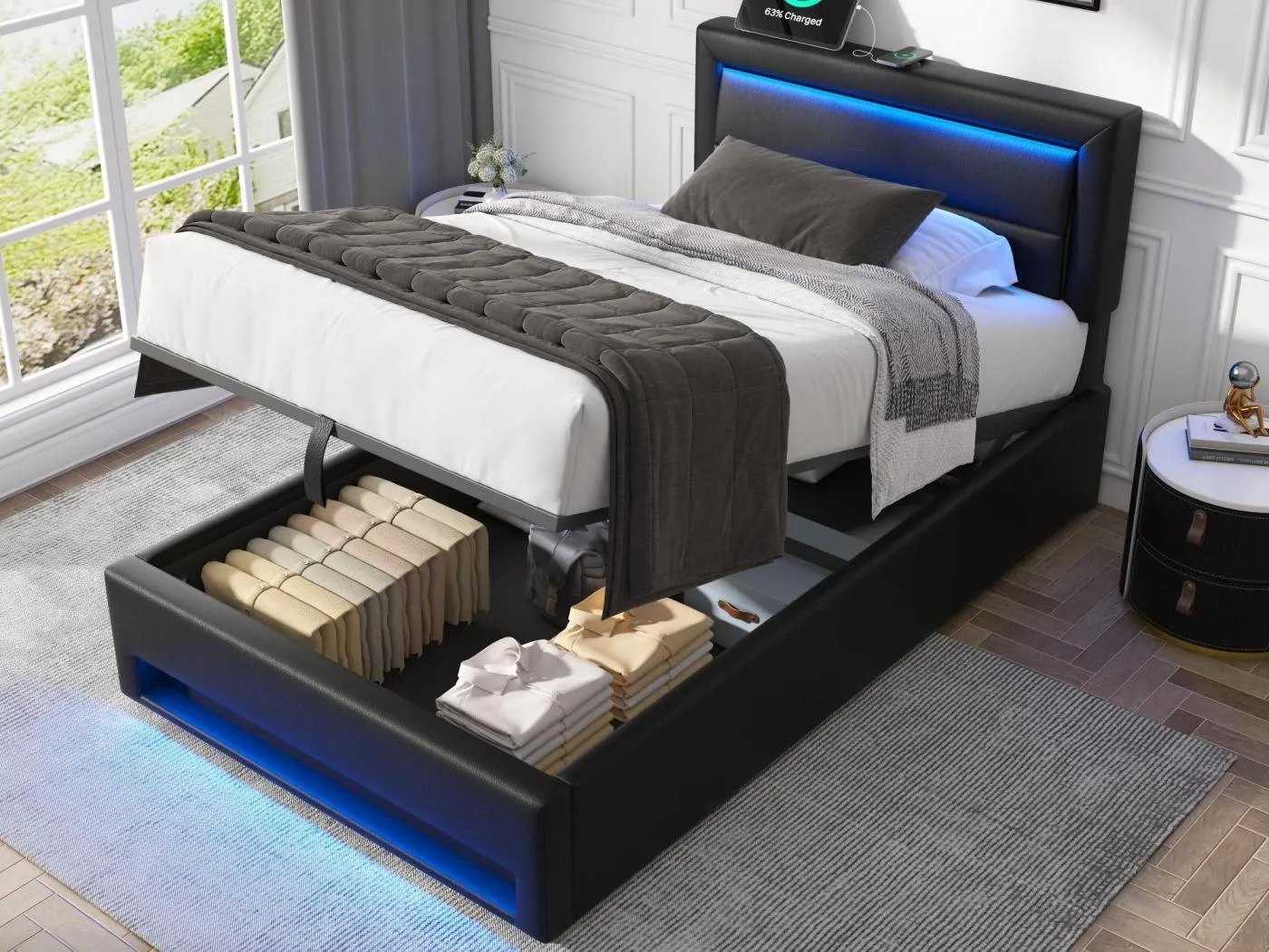 90 x 190 cm großes Stauraumbett aus Kunstleder mit LED – mit Ladeanschlüssen (kabelgebunden und kabellos) – Schwarz