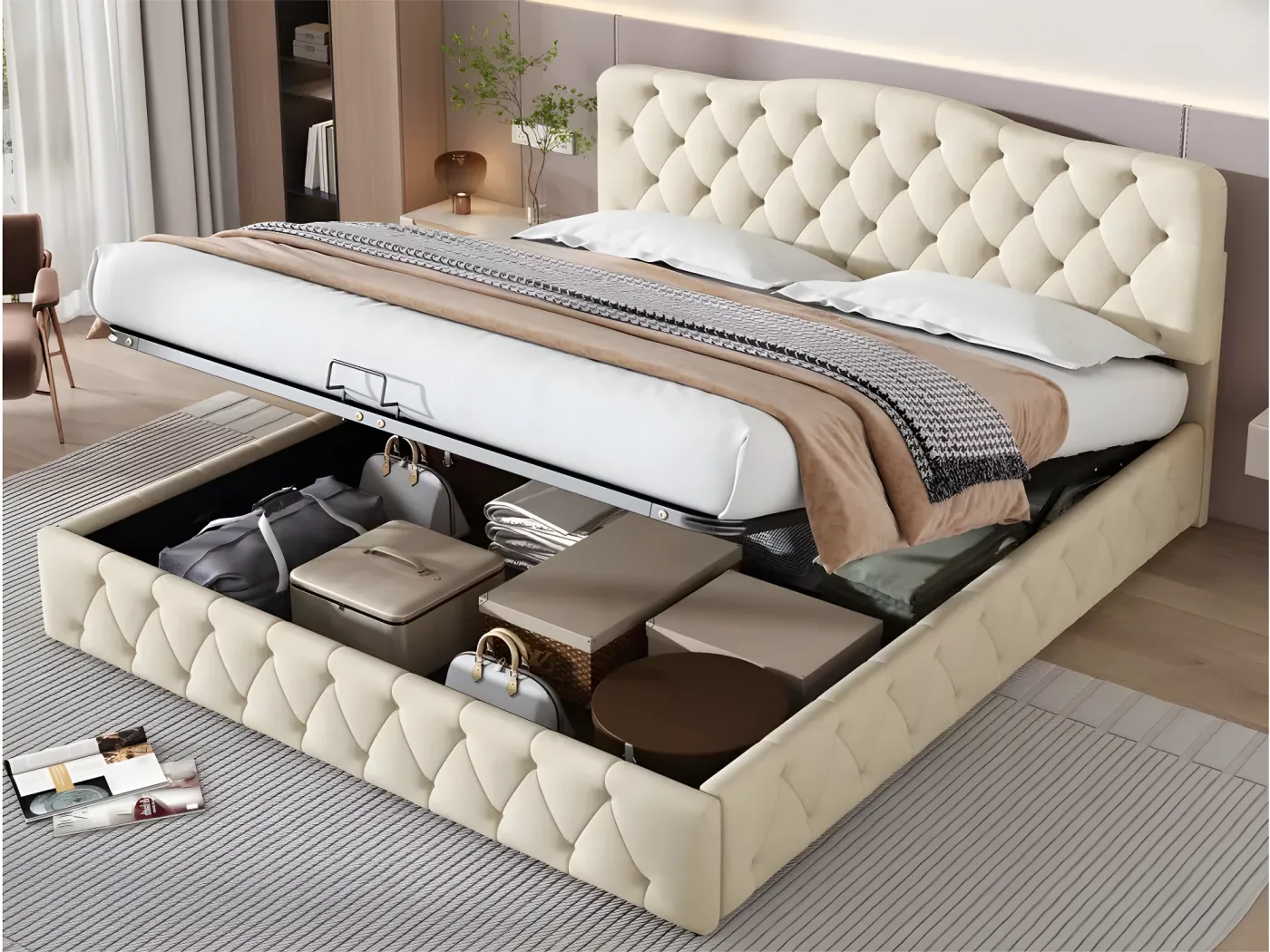 Samtbett mit Stauraum 180 x 200 cm – mit verstellbarem Kopfteil – Beige