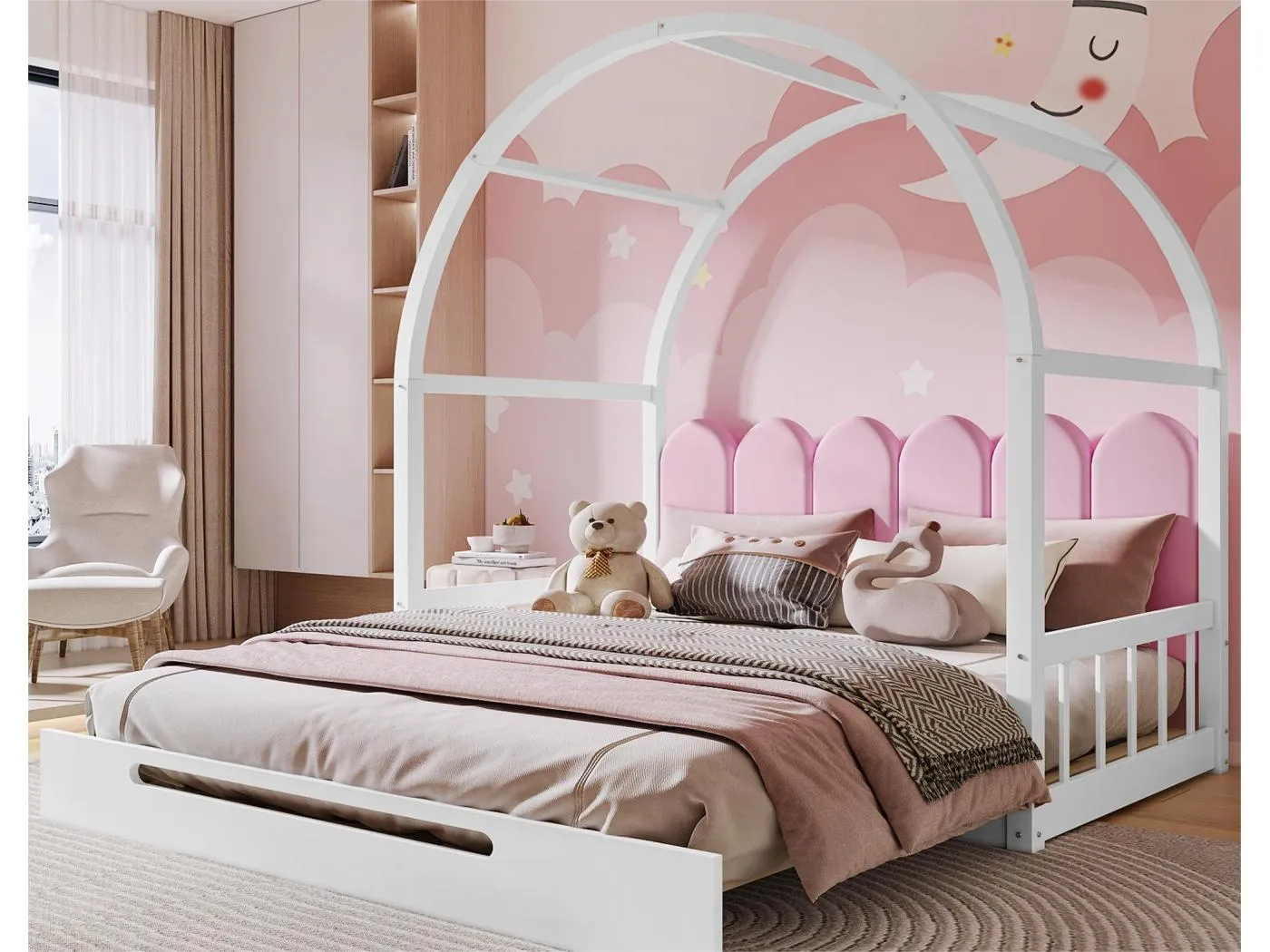 Ausziehbett 140x100/200cm aus Massivholz – mit Samtkopfteil und Lattenrost – Rosa und Weiß