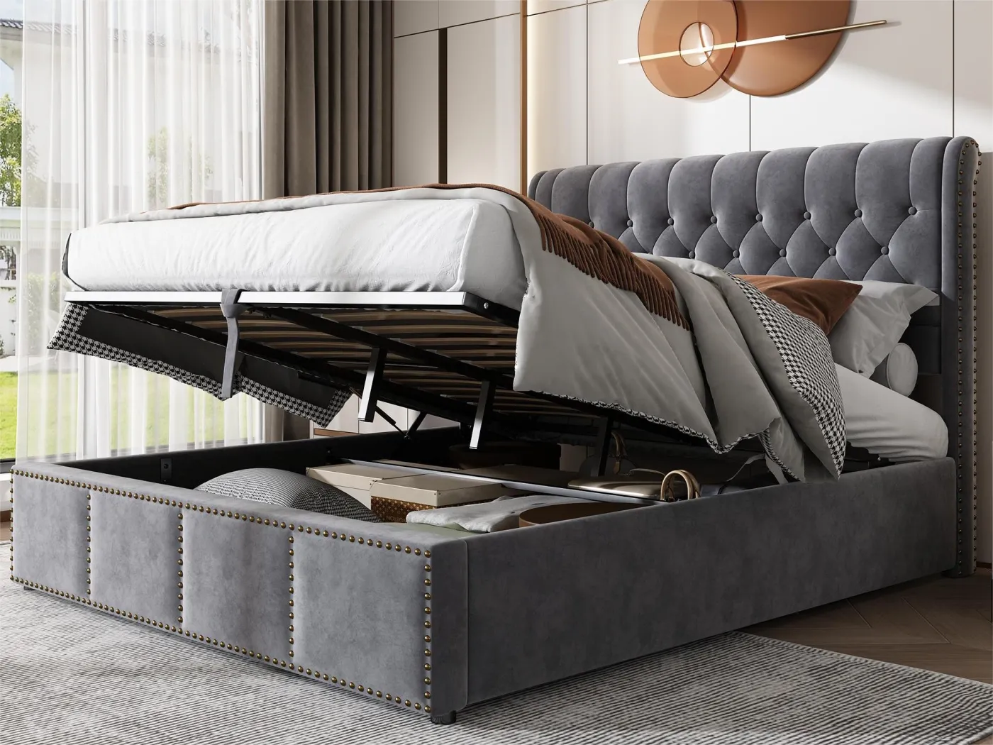 Bettkasten 180 x 200 cm mit Kopfteil – Stoff – Lattenrost – Farbe Grau