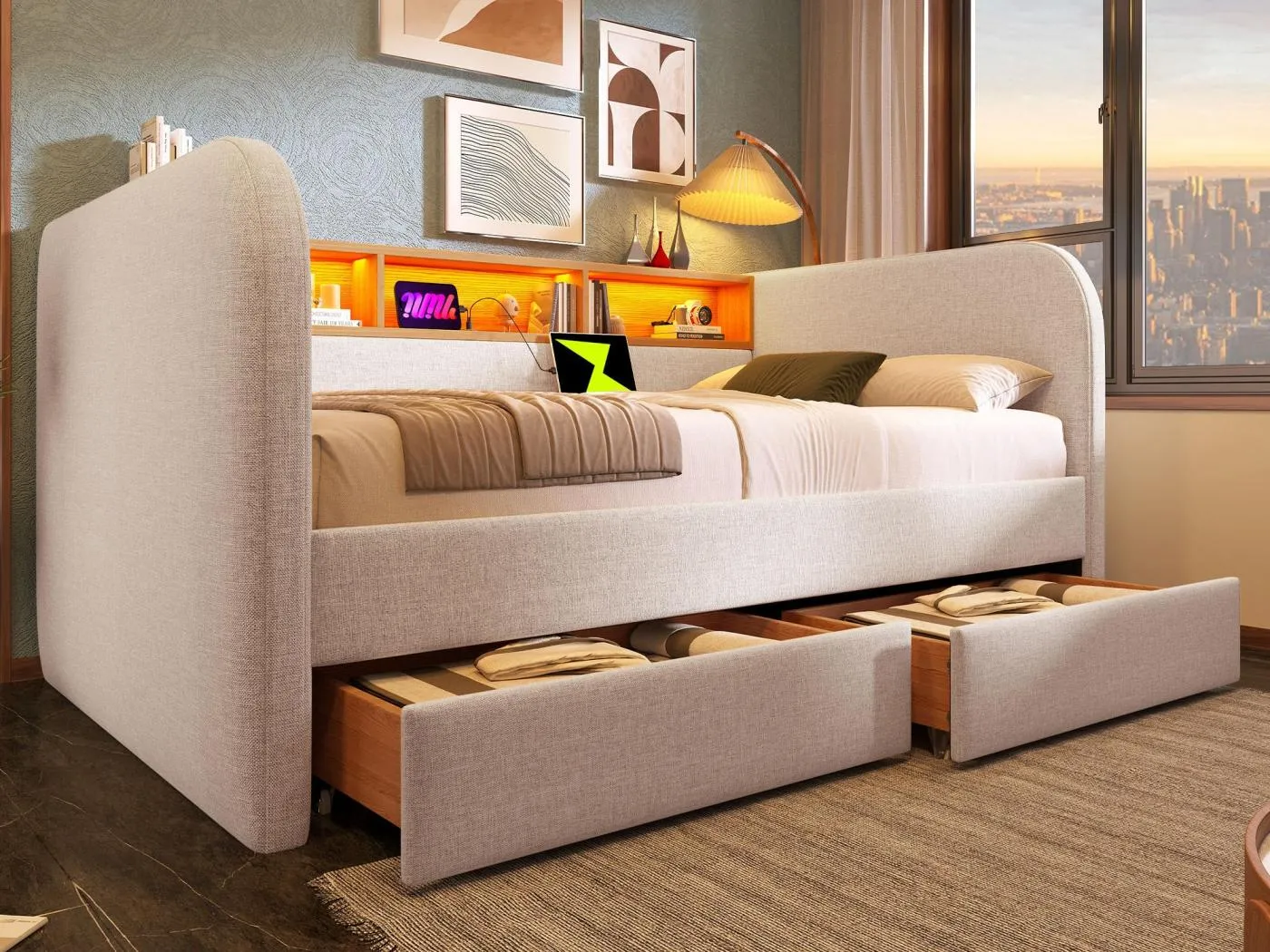 Tagesbett mit 2 Schubladen – Leinenstoff – 140 x 190 cm – mit LED und Ladefunktion – Beige