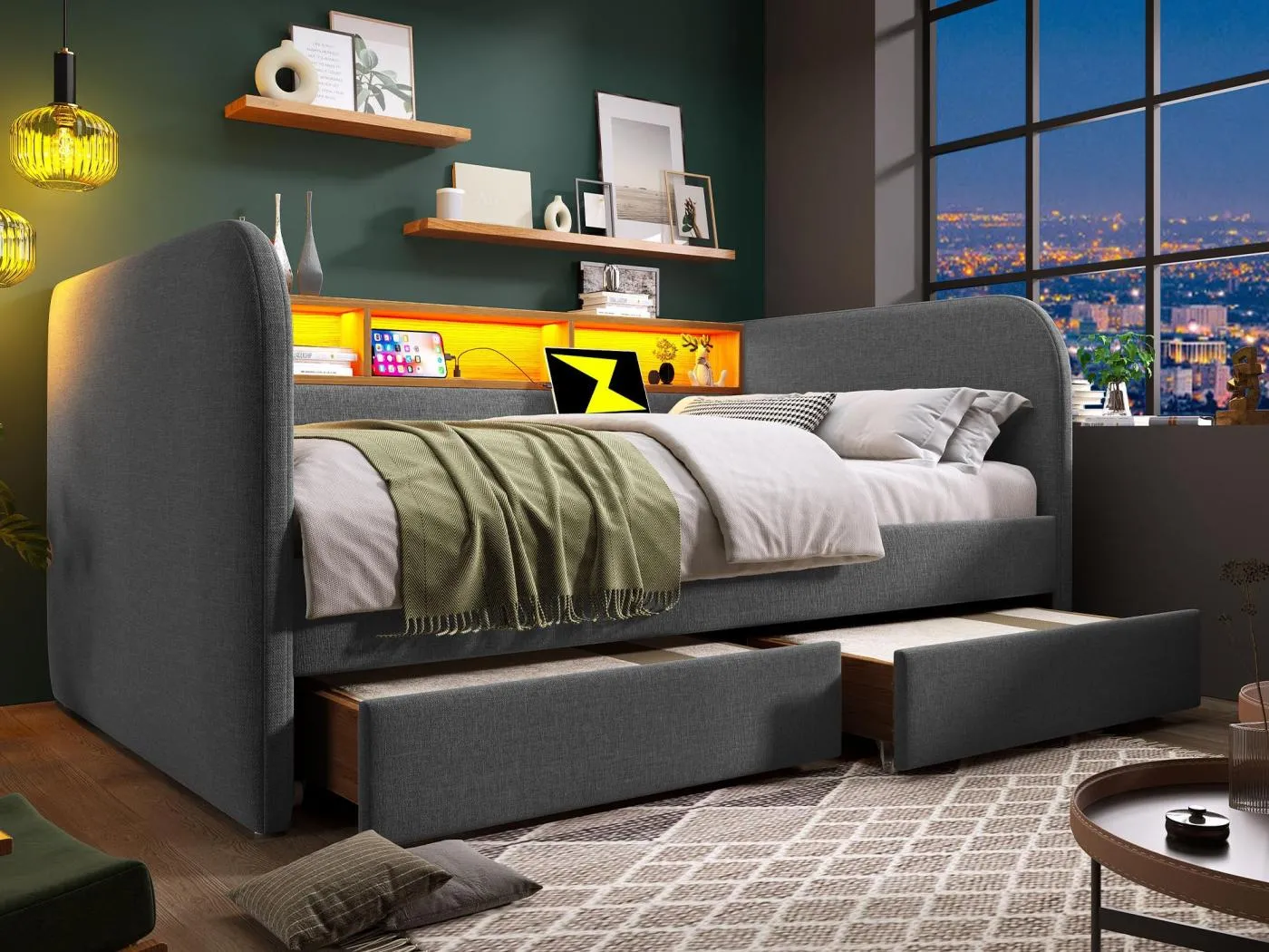 Tagesbett mit 2 Schubladen – Leinenstoff – 140 x 190 cm – mit LED und Ladefunktion – Grau