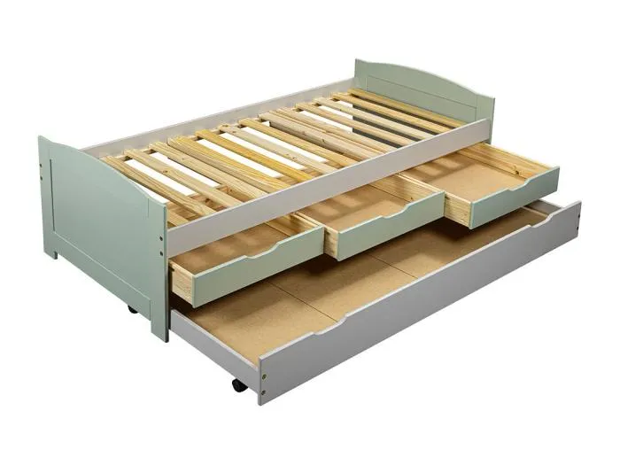 Prati Bett 3 kleine Schubladen mit 1 ausziehbares Bett hellgrau, minzgrün.