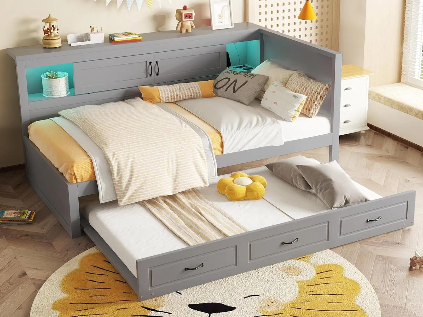 90x200cm Tagesbett mit LED und Steckdosen - mit einem 90x190cm Ausziehbett - Grau