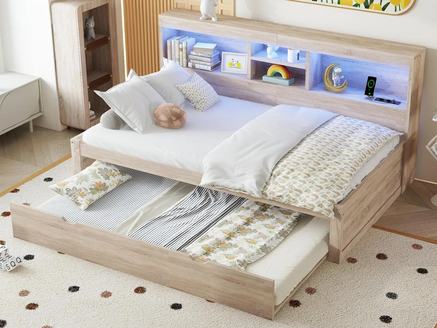 90x200cm Tagesbett mit 90x190cm Ausziehbett - Nachttisch mit Stauraum, LED und Steckdosen - Natruel