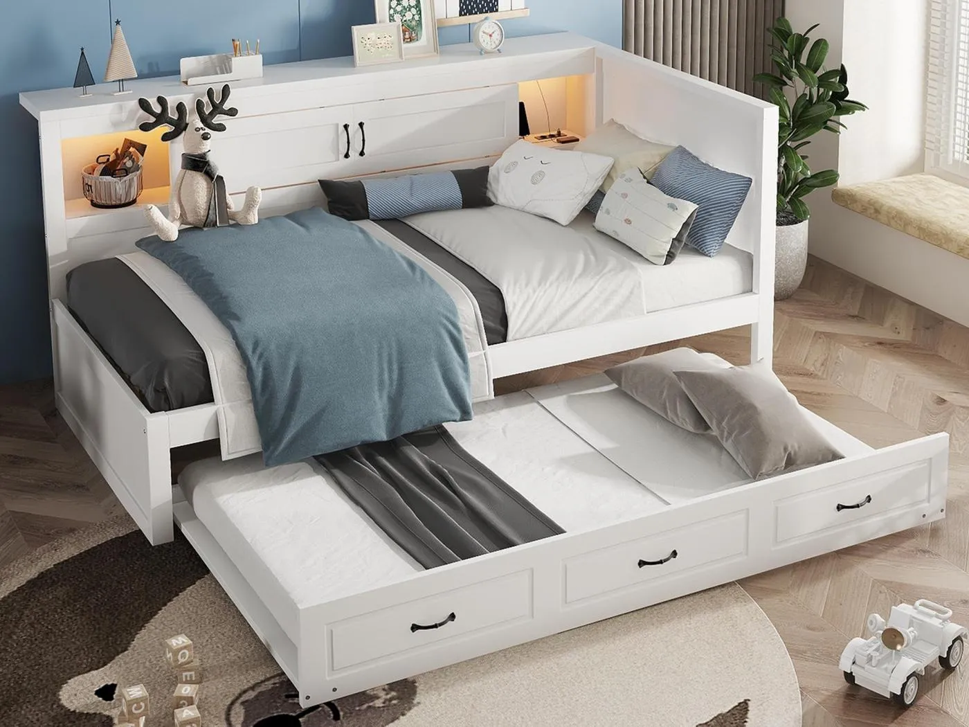 90x200cm Tagesbett mit LED und Steckdosen - mit einem 90x190cm Ausziehbett - Weiß