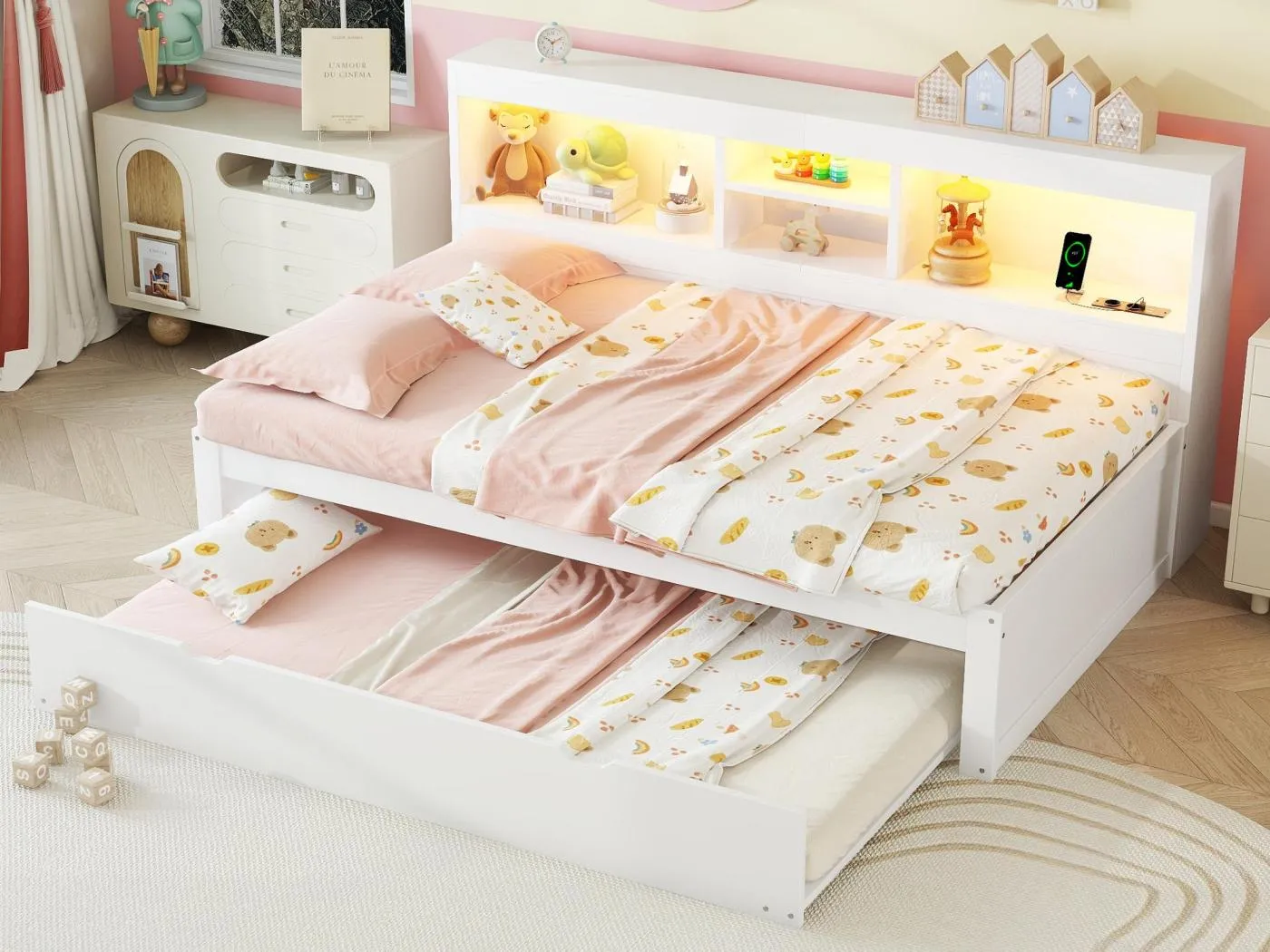 90x200cm Tagesbett mit 90x190cm Ausziehbett - Nachttisch mit Stauraum, LED und Steckdosen - Weiß