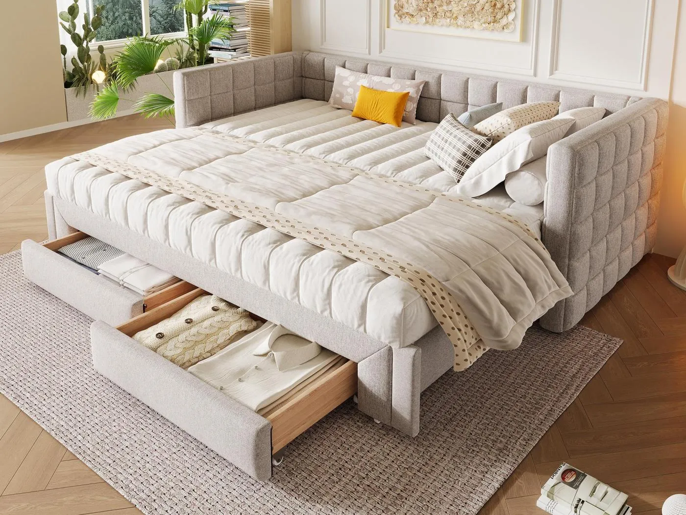 Ausziehbett 90/180x200cm aus Samt - mit gepolsterter Rückenlehne und 2 Schubladen - Beige