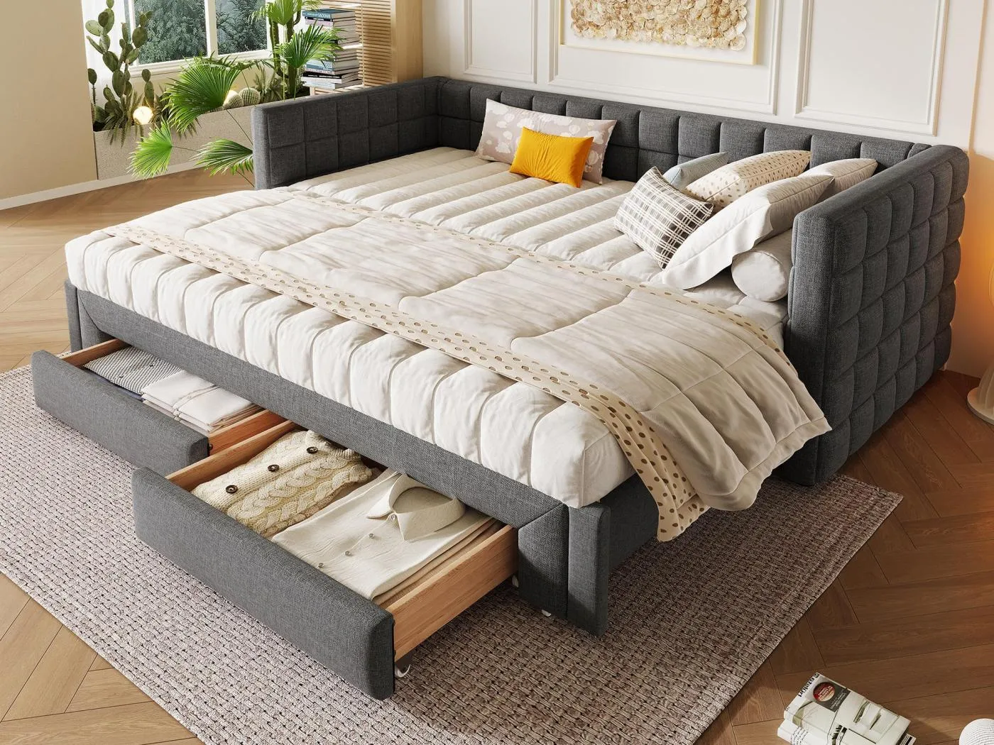 Ausziehbett 90/180x200cm aus Samt - mit gepolsterter Rückenlehne und 2 Schubladen - Grau