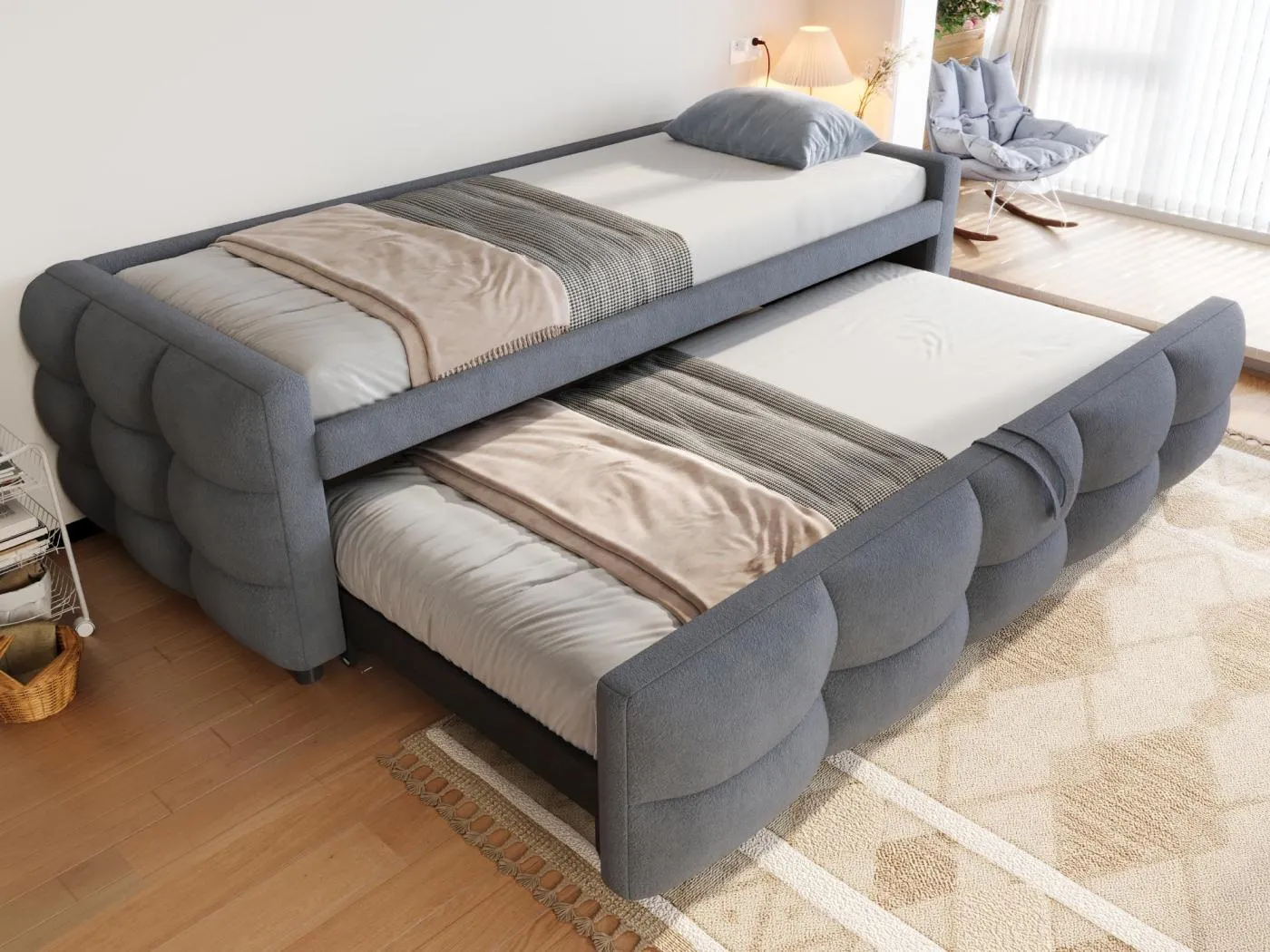 Ausziehbett 90/180x190 cm aus Samt - mit Lattenrost - Grau