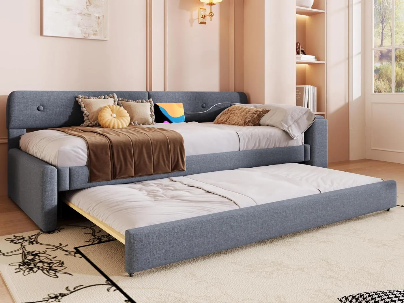 Ausziehbett 90x200 cm aus Leinen - zusammenklappbarer Stauraum mit Steckdosen - Grau