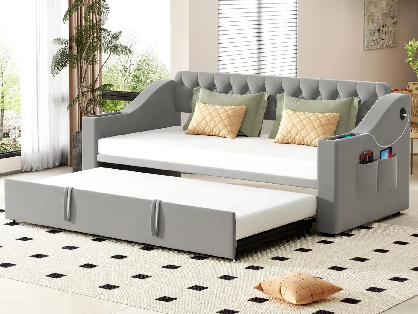 Ausziehbett 90/180x190 cm - mit Steckdosen und Aufbewahrungstasche - Samtstoff - Grau