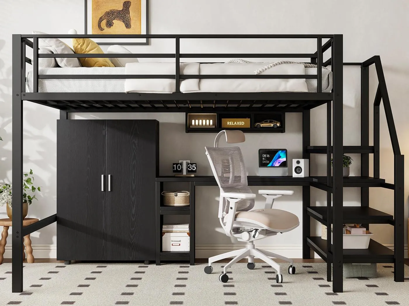 140x200 cm Metall-Hochbett - mit Schreibtisch, Kleiderschrank und Stauraumleiter - Schwarz