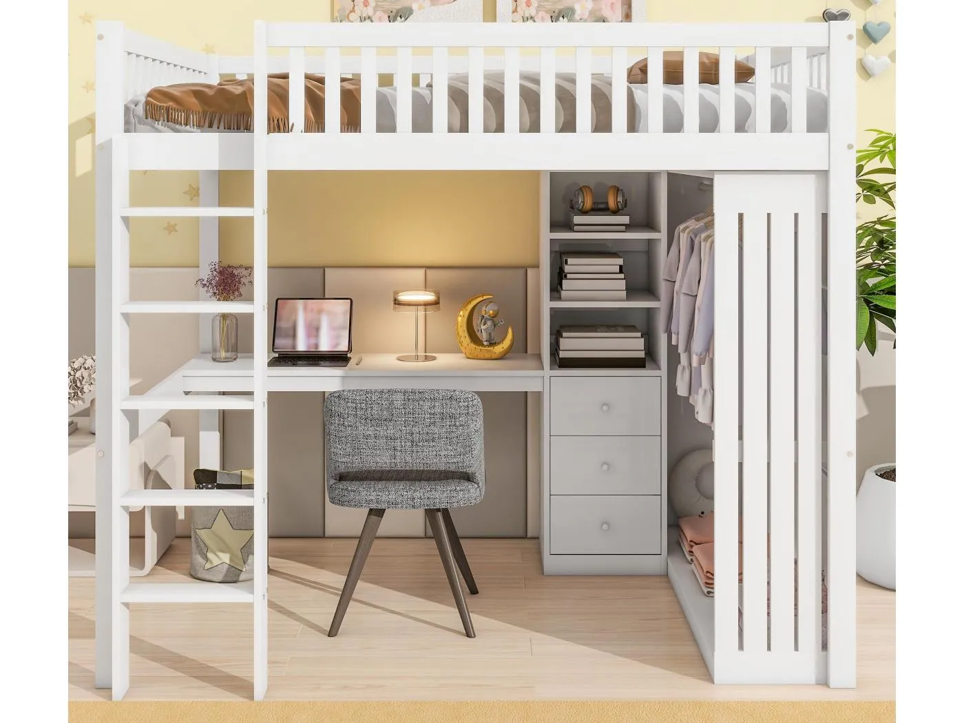 140x200 cm Holz-Hochbett - mit Schreibtisch & Kleiderschrank - Weiß