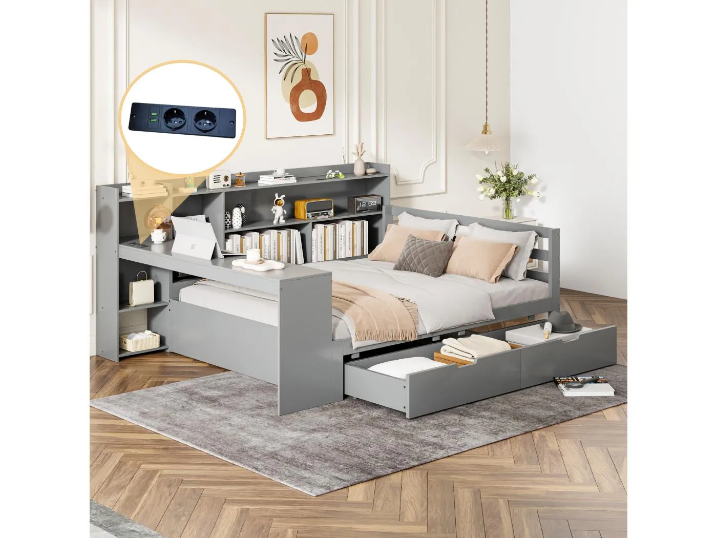 Bett 140 x 200 cm mit Kopfteil und 2 Schubladen - Schreibtisch, Fächer und USB-Anschlüsse - Kiefer + Sperrholz + MDF - Grau