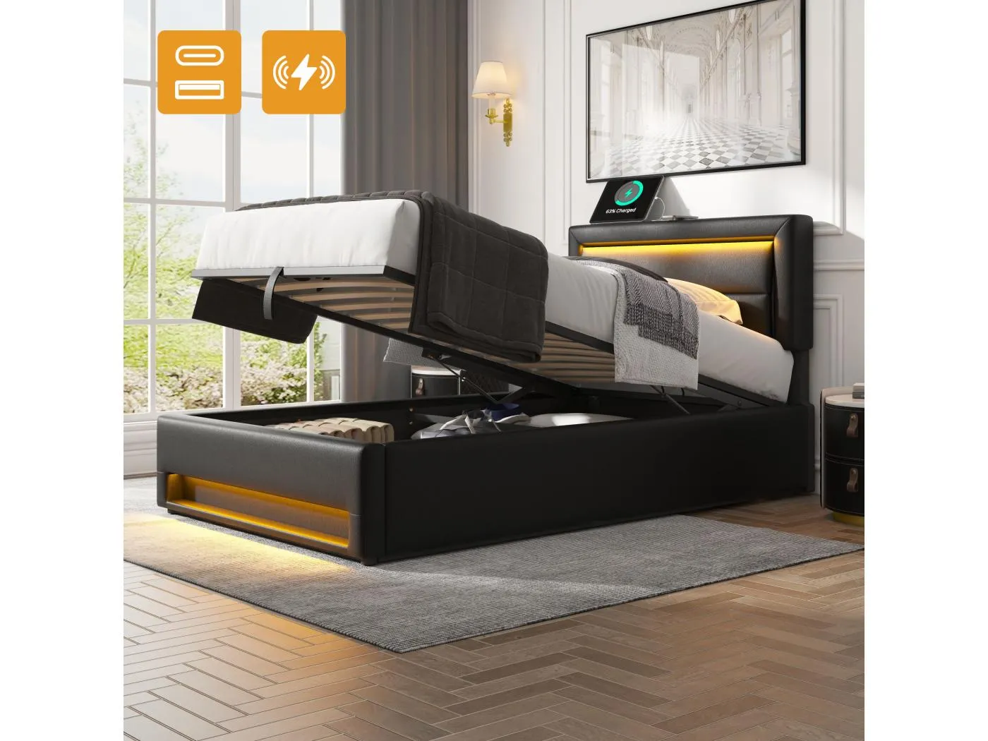 Stauraumbett 90 x 190 cm mit Kopfteil - LEDs und USB-Anschlüsse - PU-Leder - Schwarz (ohne Matratze)