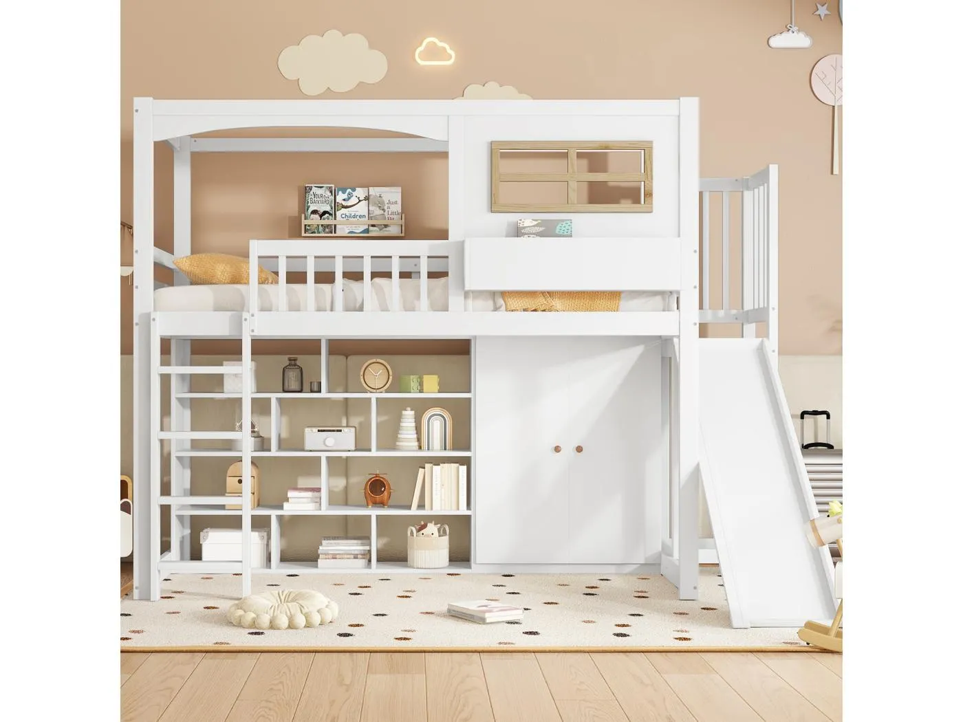 Hochbett 90 x 200 cm mit Rutsche, Kleiderschrank und Bücherregal – Kiefer + MDF + Sperrholz – Lattenrost – Weiß