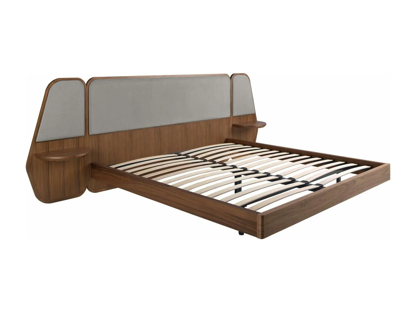 Bett in Walnuss und grauem Stoff