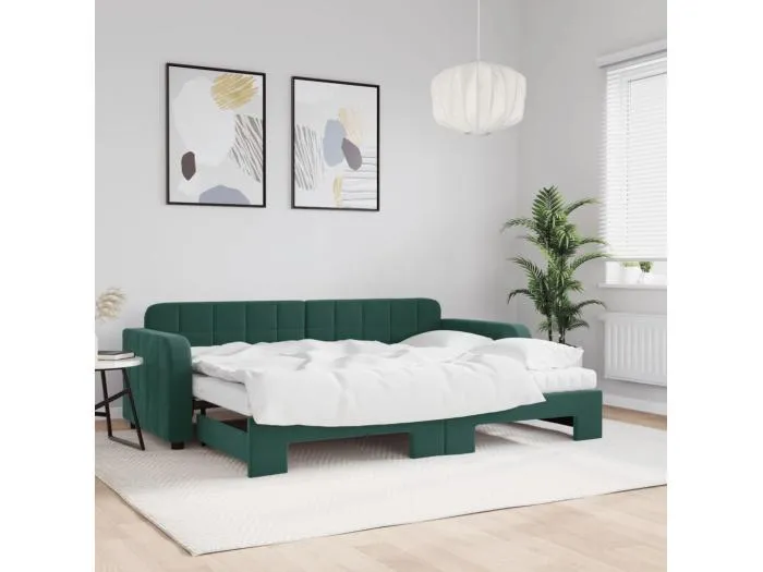 Tagesbett Ausziehbar mit Matratzen Dunkelgrün 80x200 cm Samt