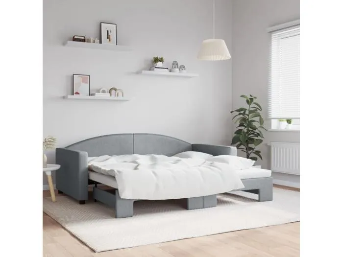 Tagesbett Ausziehbar Hellgrau 90x190 cm Stoff