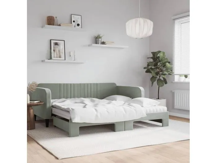 Tagesbett Ausziehbar mit Matratzen Hellgrau 90x190 cm Samt