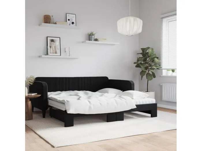 Tagesbett Ausziehbar mit Matratzen Schwarz 90x190 cm Samt