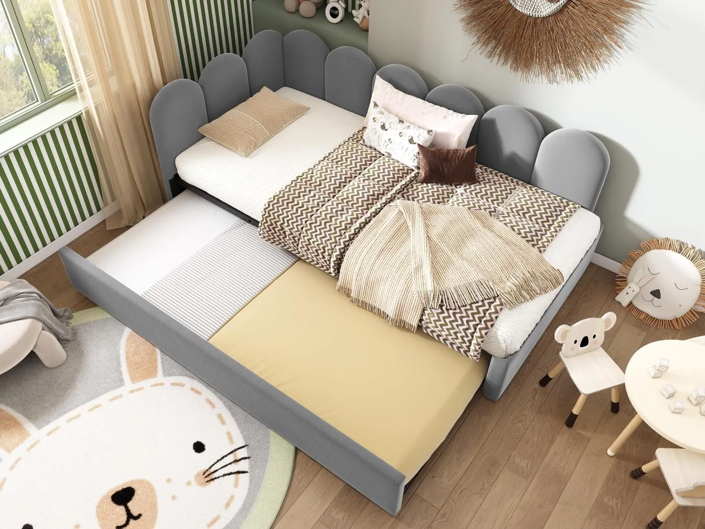 Hockerbett 90x200 cm - mit Nestbett 90x190 cm - Samtstoff - Grau