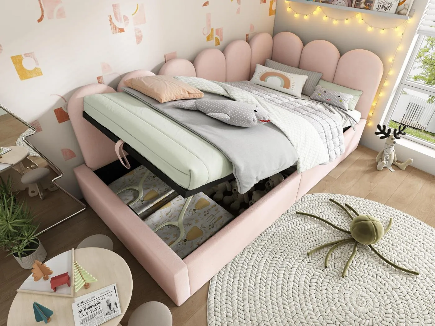 Schlafsofa mit Stauraum - Samtstoff - 90x190 cm - mit Lattenrost - Rosa