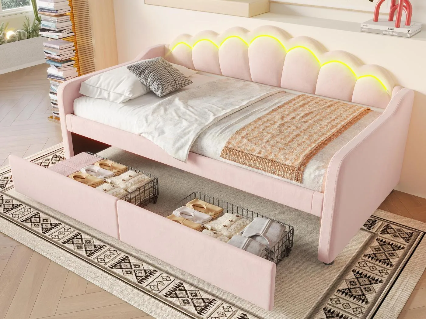 Sofabett 90x200 cm - mit LED-Beleuchtung - mit 2 Schubladen - Samt - rosa (ohne Matratze)