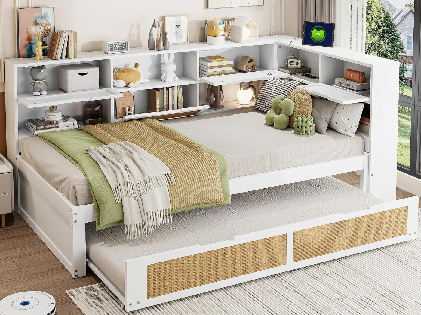 Schlafsofa aus Massivholz 90x200cm - Mit Ausziehbett - Mit vielen Staufächern - Mit Ladeanschluss - Weiß (ohne Matratze)