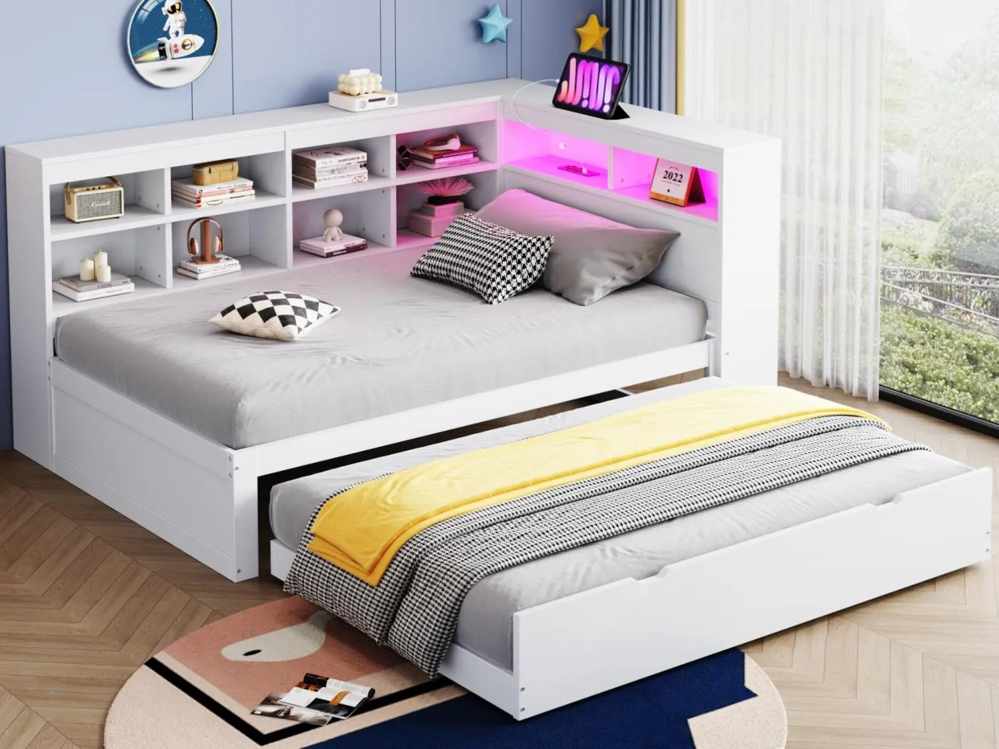 Schlafsofa aus Massivholz 90x200 cm - mit ausziehbarem Bett - mit USB-Anschluss + LED-Beleuchtung - mit Staufach - Weiß (ohne Matratze)