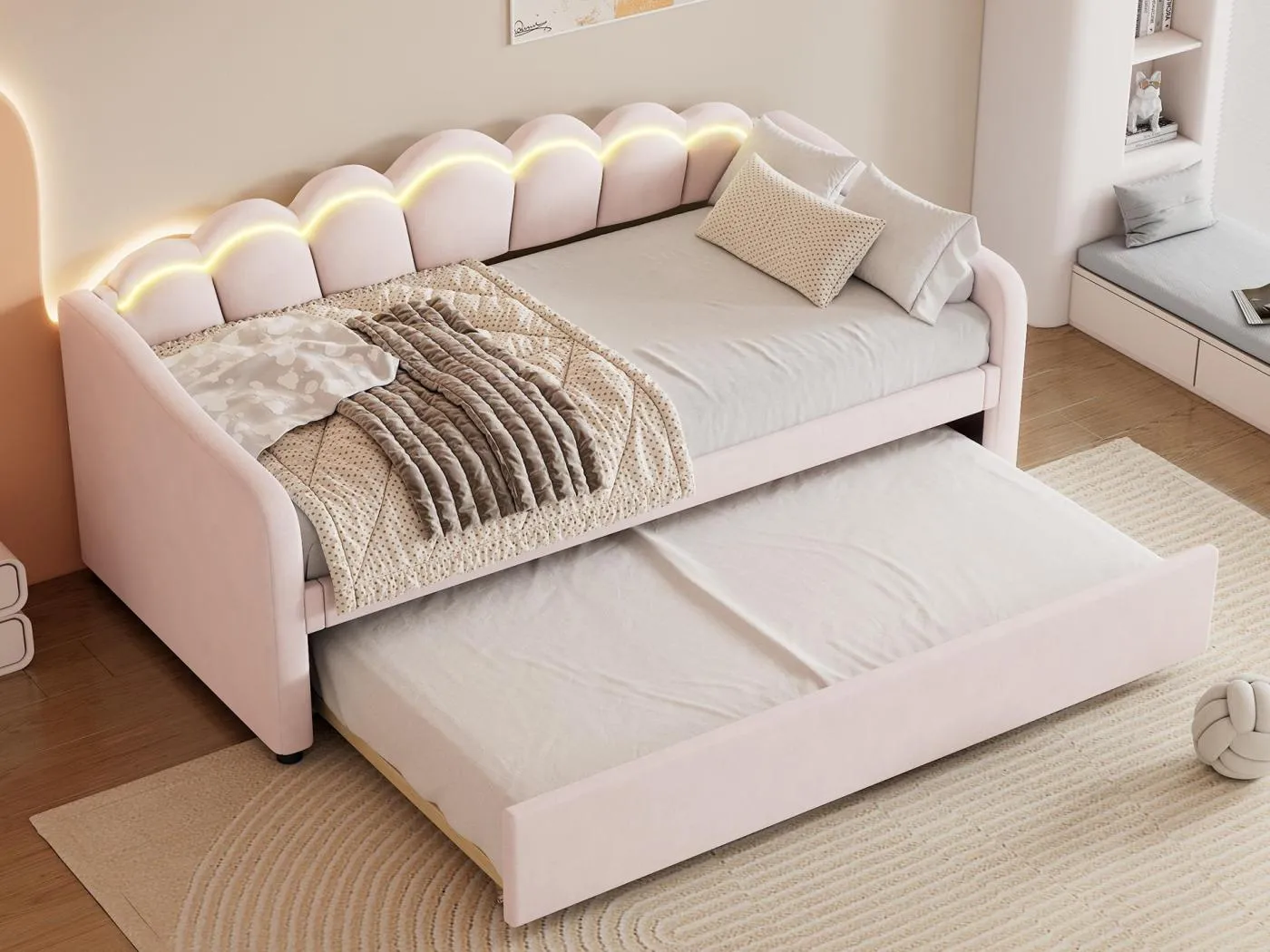 90 x 200 cm großes Tagesbett mit LED + 90 x 190 cm großes Ausziehbett – mit Samtstoff gepolstert – Rosa (Matratze nicht im Lieferumfang enthalten)