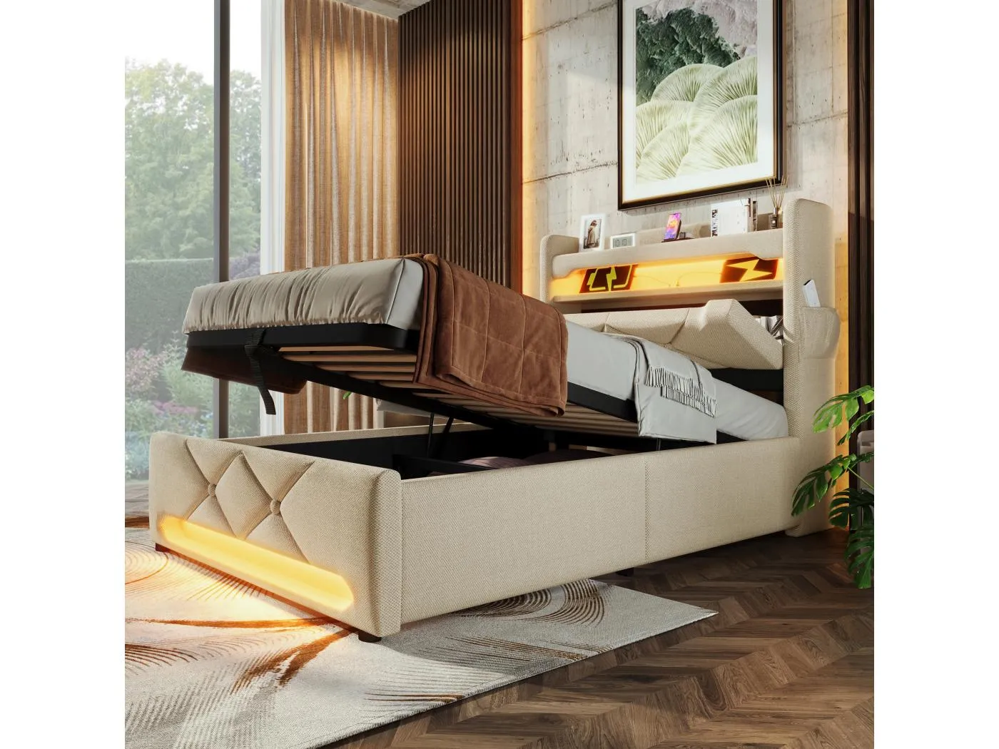 Gepolstertes Einzelbett mit Stauraum – 90 x 200 cm – 360°-LEDs + Kopfteil mit USB und Typ C – Leinenstoff – Beige