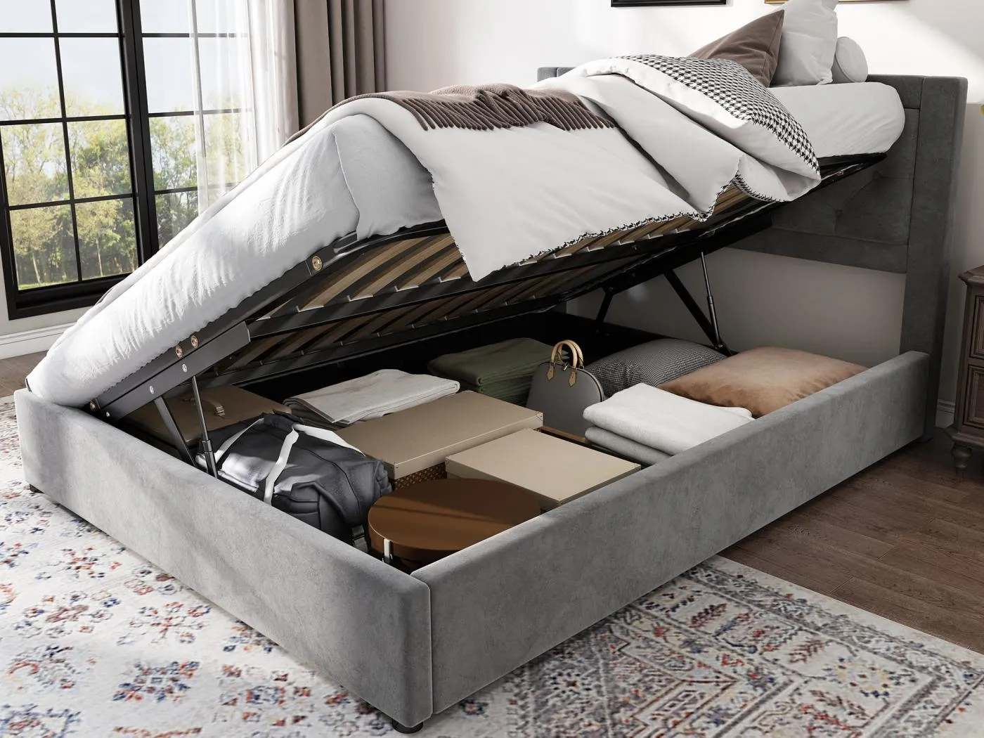 140 x 200 cm großes Stauraumbett aus Samt – links und rechts anhebbar – Grau