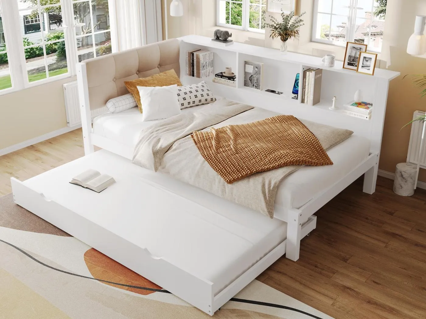 Schlafsofa 90x200 cm​​ - Einzelbett - Mit Truhenbett - Mit LED-Leiste - Mit Regal - Mit USB-Anschluss - Kiefer - Weiß (ohne Matratze)