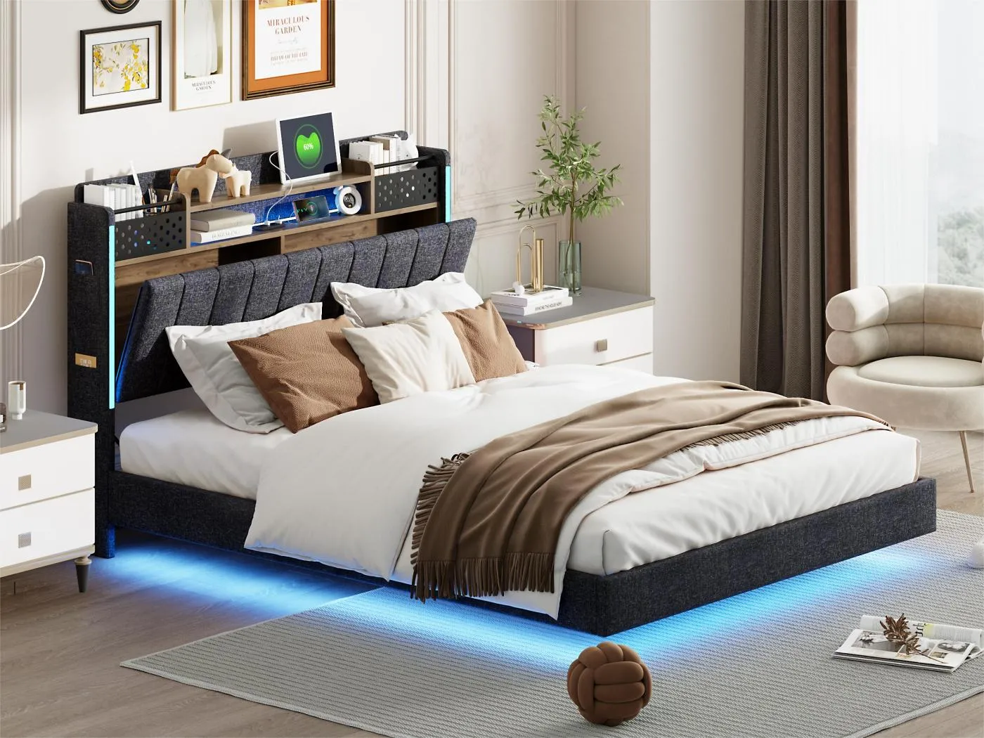 160 x 200 cm großes Bett aus Leinenstoff – mit USB-Anschluss und Lattenrost – Grau