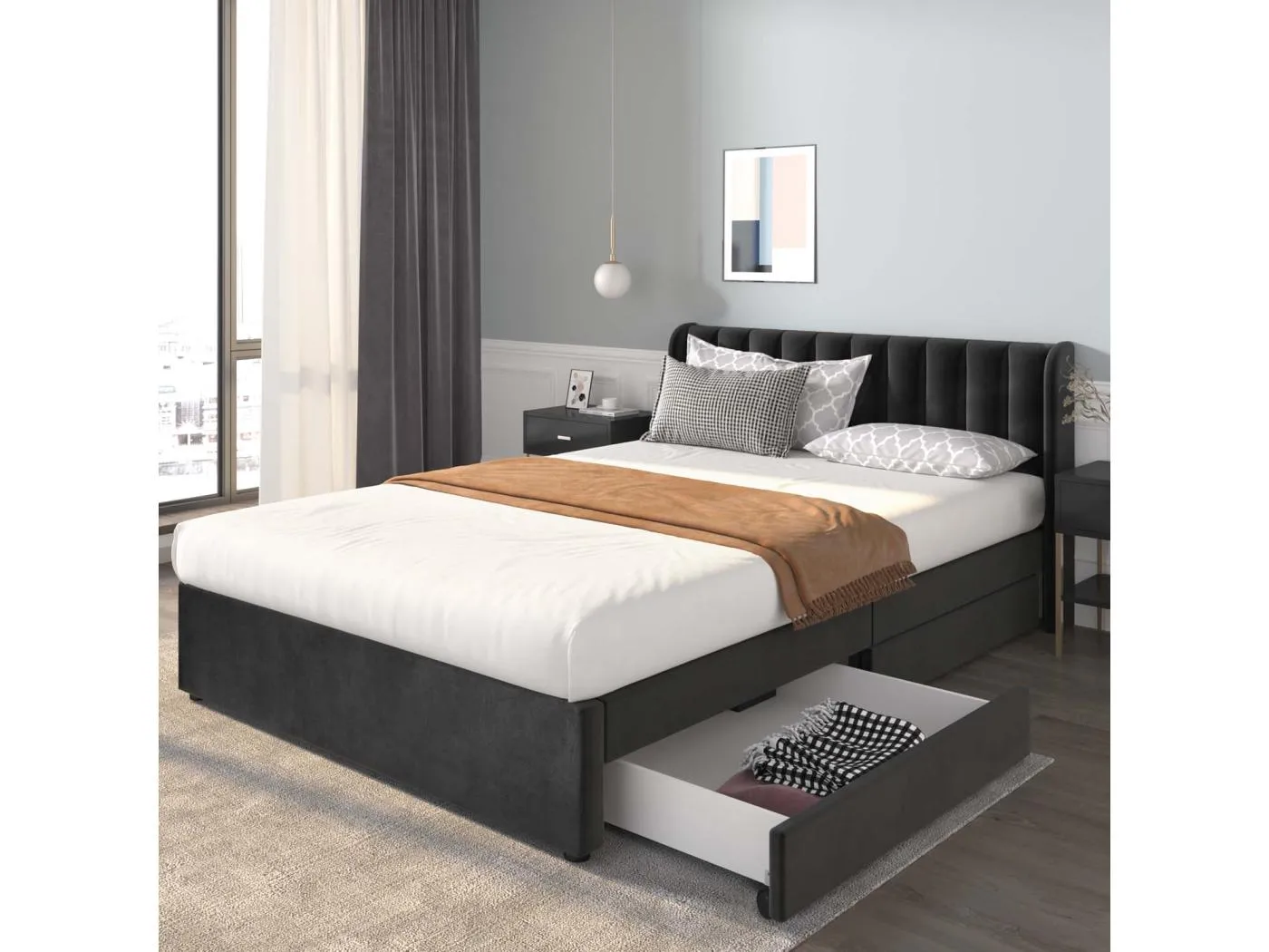 160 x 200 cm großes Bett mit 2 Schubladen – mit Samt gepolstert – moderner Stil – Schwarz