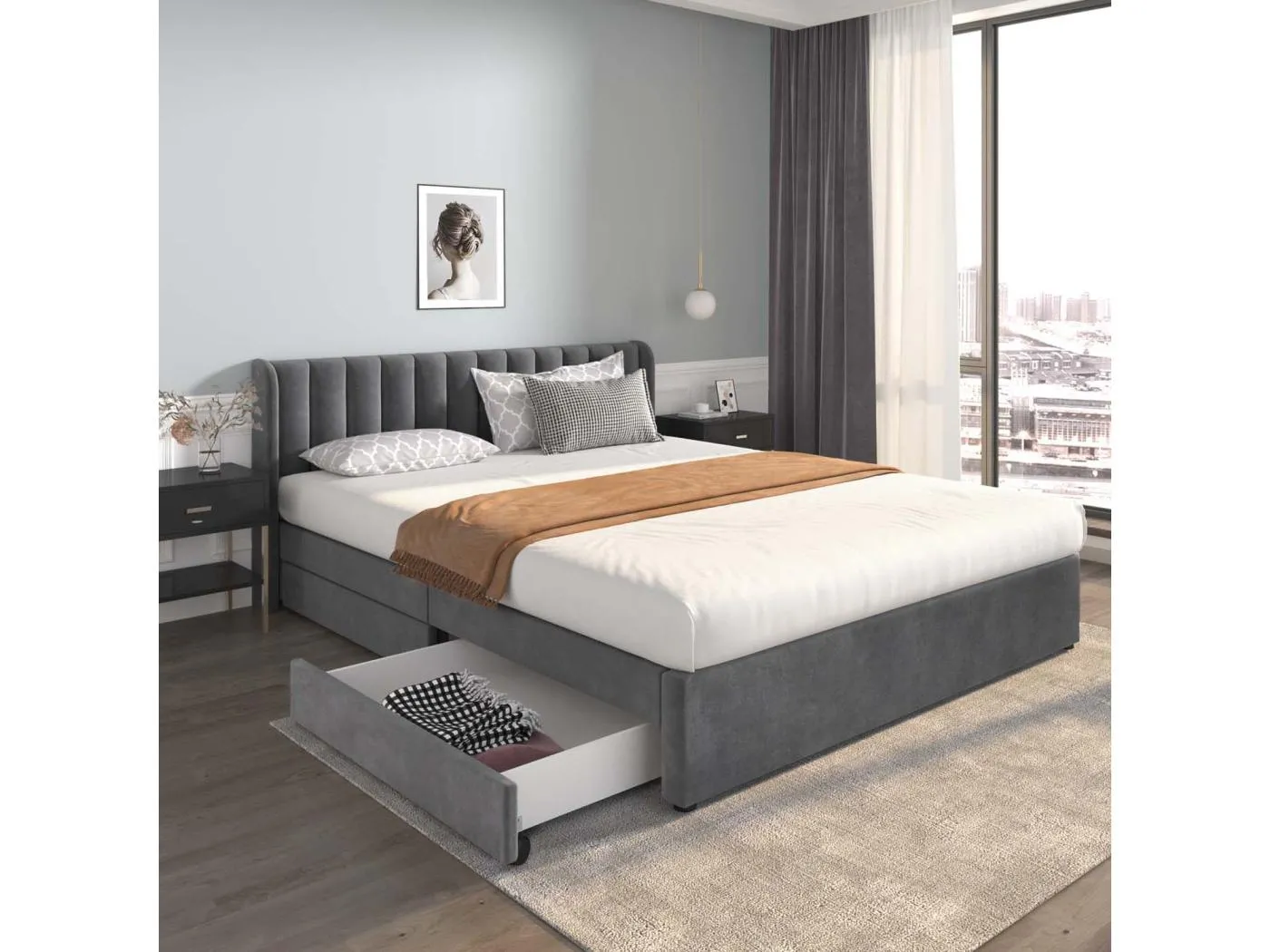 180 x 200 cm großes Bett mit 2 Schubladen – mit Samt gepolstert – moderner Stil – Grau