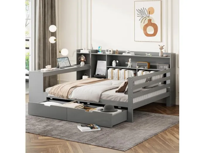 Ausziehbares Sofabett aus Massivholz 140x200 cm - mit Schreibtisch - Bücherregal + Regal - mit Steckdose - mit 2 großen Schubladen - grau