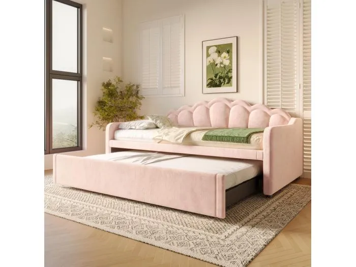 Sofabett 90x200/180x200 cm - mit Nestbett - mit LED-Leistenbeleuchtung - Samt - rosa (Matratze nicht enthalten)