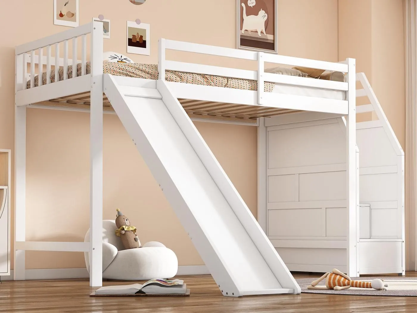 90 x 200 cm großes Zwischenbett aus Kiefernholz – mit Rutsche und Aufbewahrungsleiter – Weiß