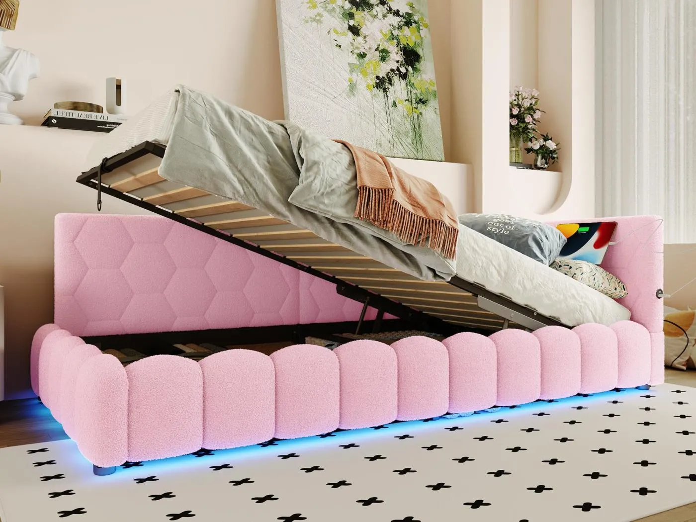 Ausziehbares Sofabett 90x200 cm - mit LED-Beleuchtung - mit USB + Type-C - rosa (ohne Matratze)