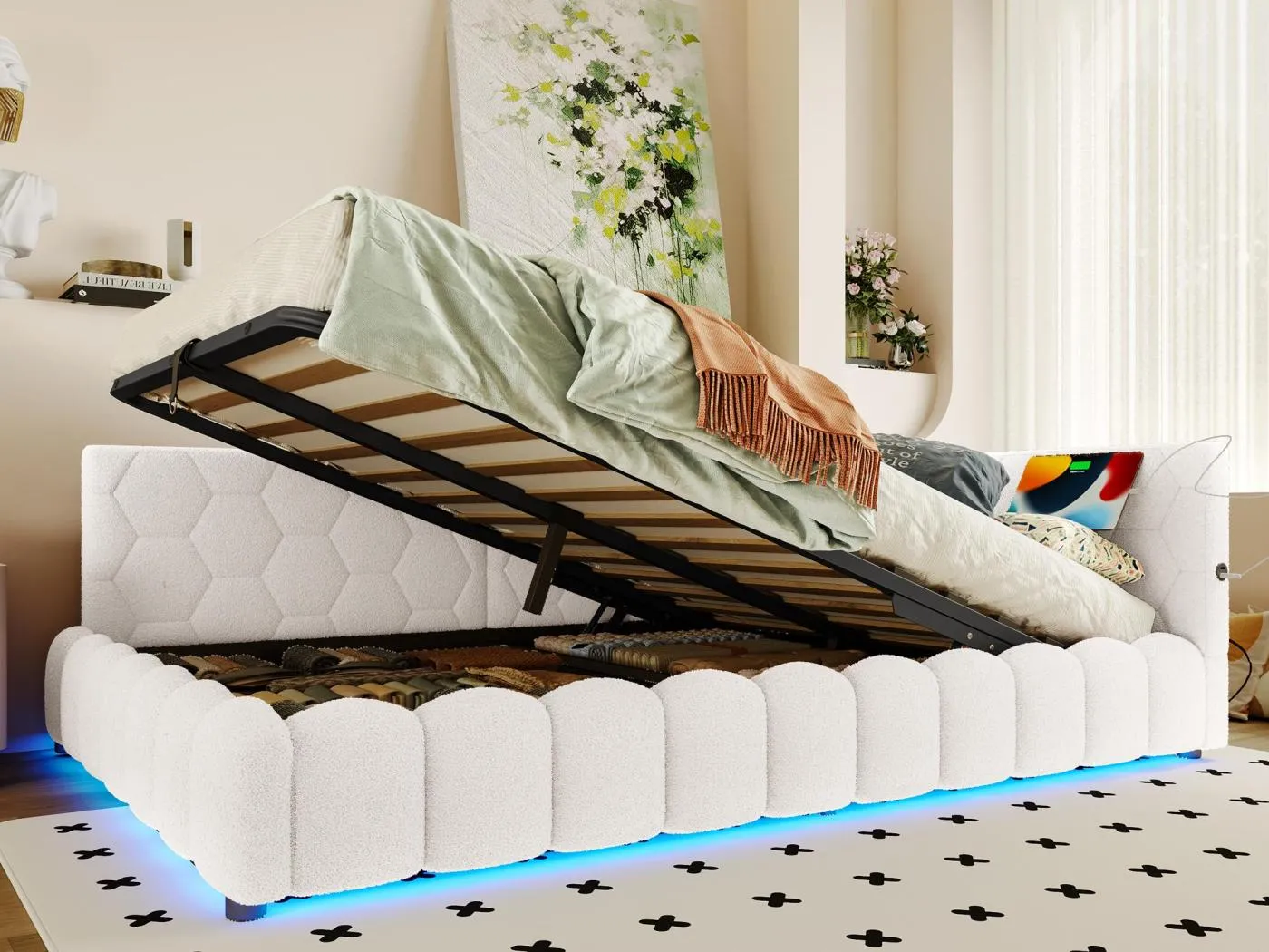 Ausziehbares Sofabett 140x200 cm - mit LED-Beleuchtung - mit USB + Type-C - weiß (ohne Matratze)