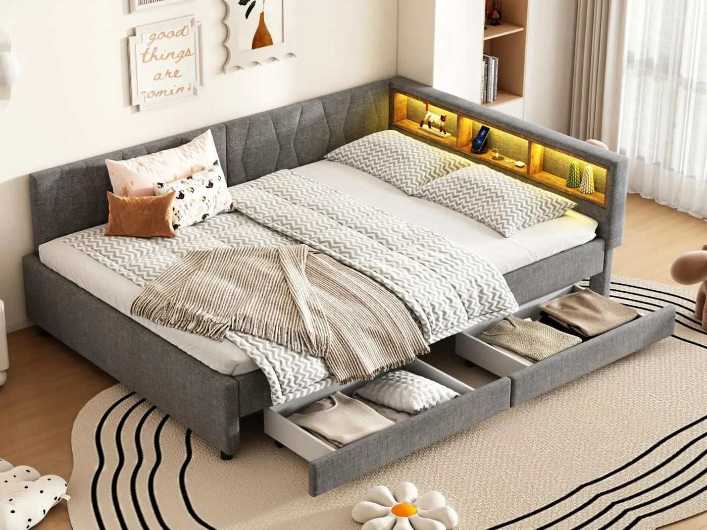 Schlafsofa 140x200 cm - mit 2 Schubladen - mit USB- + Type-C-Anschlüssen - mit LED-Beleuchtung - grau (Matratze nicht enthalten)