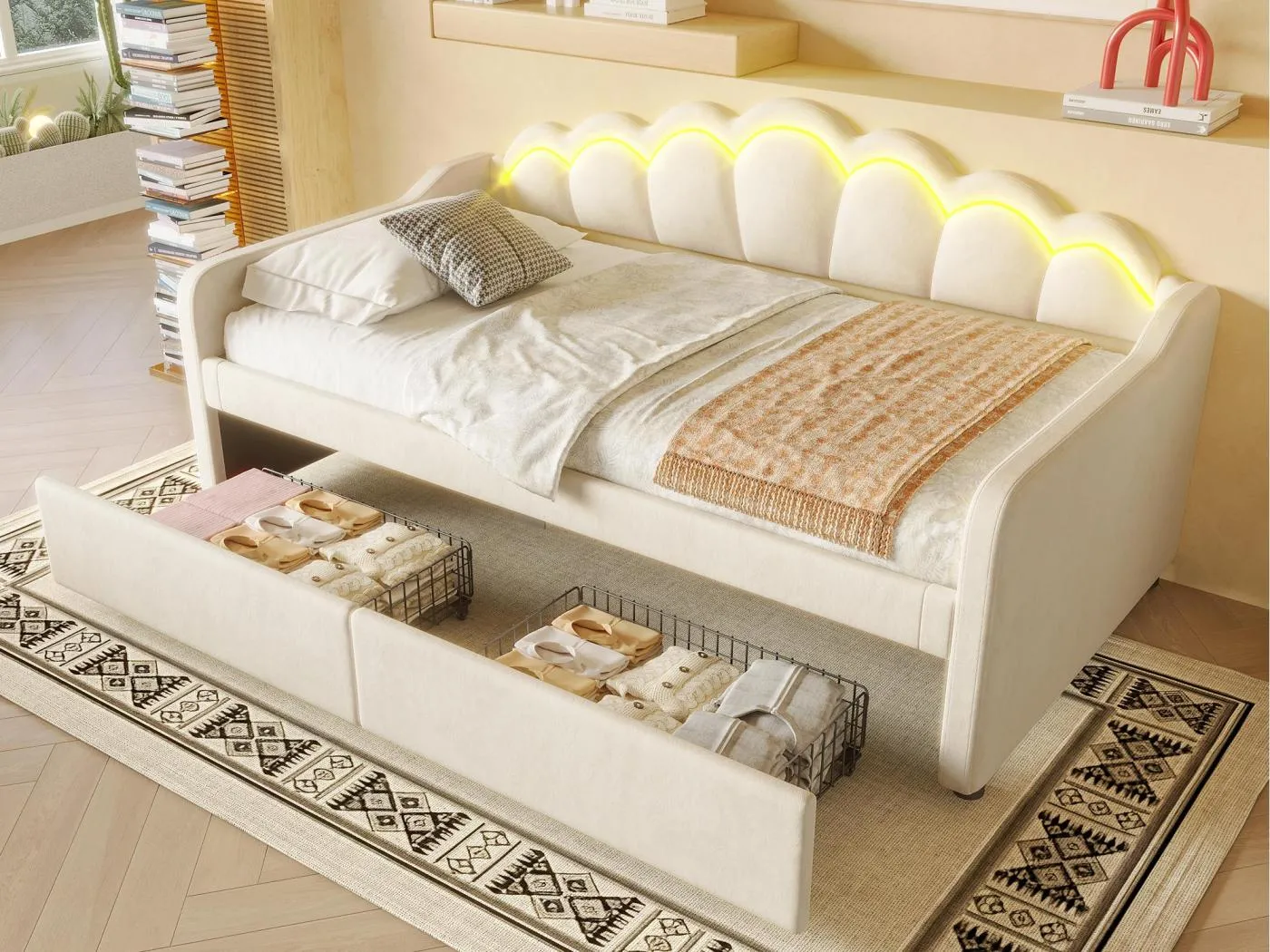 Sofabett 90x200 cm - mit LED-Beleuchtung - mit 2 Schubladen - Samt - beige (ohne Matratze)