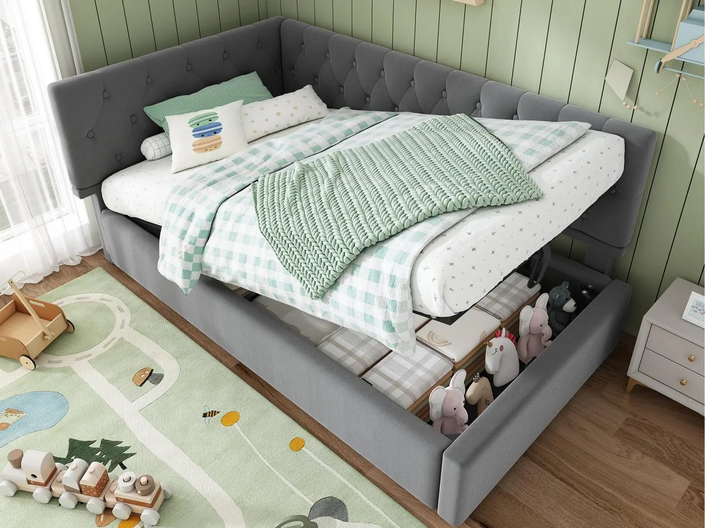 Sofabett mit Stauraum 90×190 cm - mit Veloursstoff - mit Lattenrost - grau (ohne Matratze)