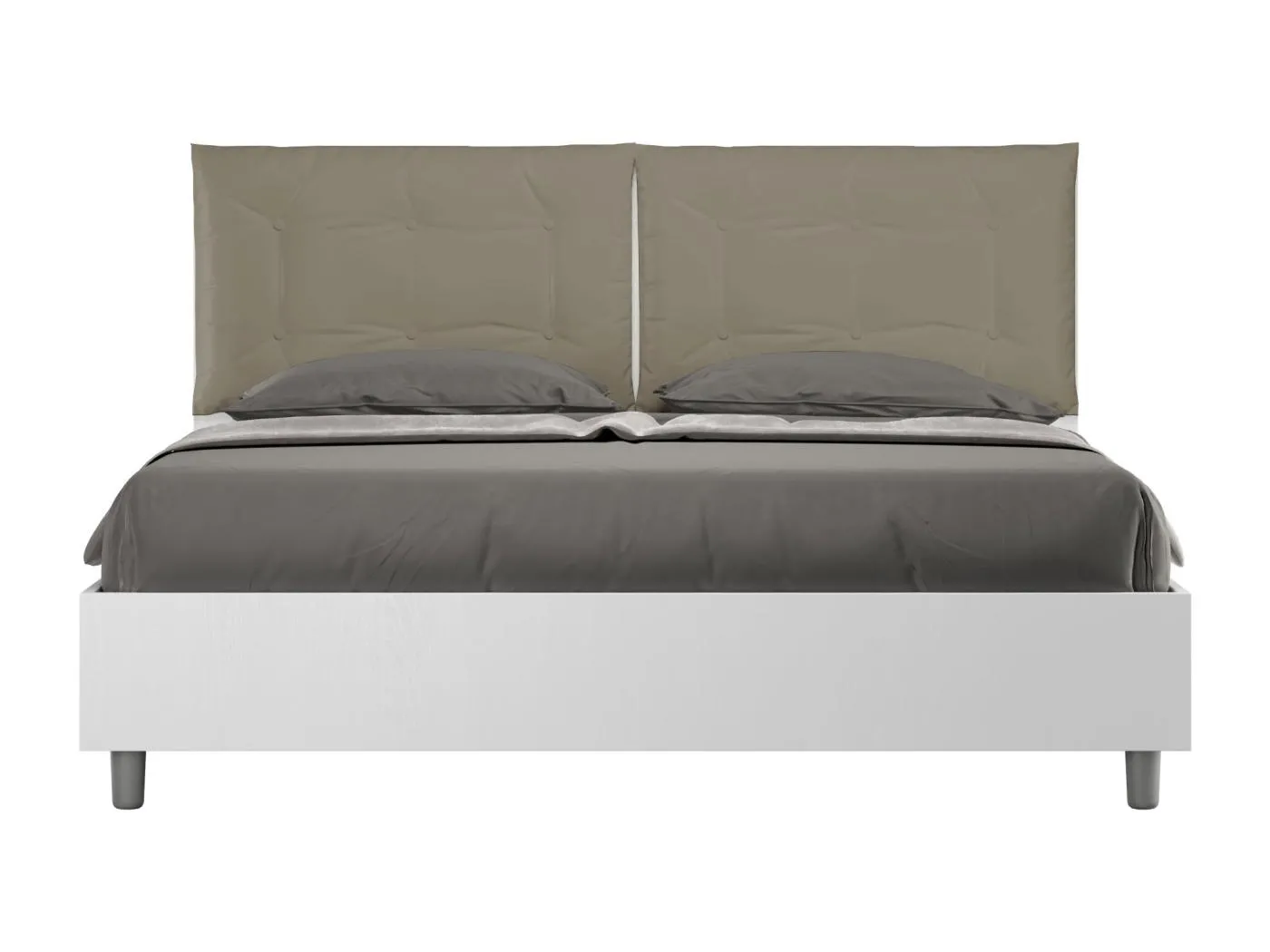 Doppelbett mit Stauraum, Doppellift, 160x190 cm, weißes Eschenholz, cappuccinofarbene Kunstlederkissen, Egos Annalisa