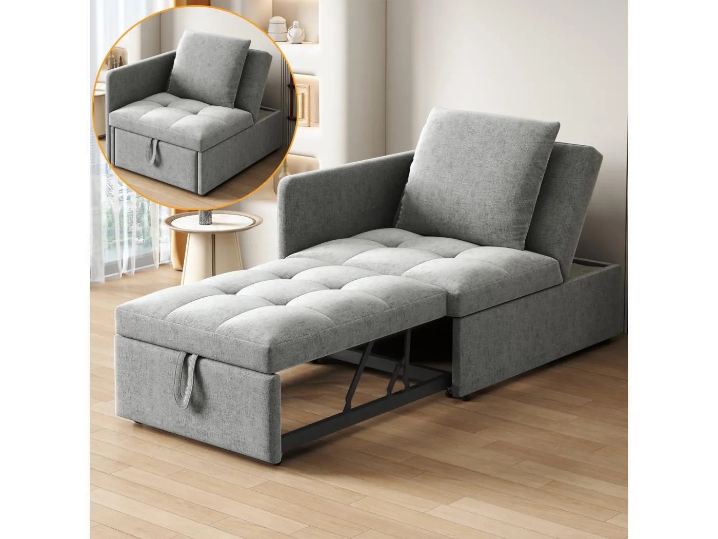 3-in-1 Polstersofa - 60 x 150 cm - Sofa mit verstellbarer Rückenlehne - Leinenstoff - Grau