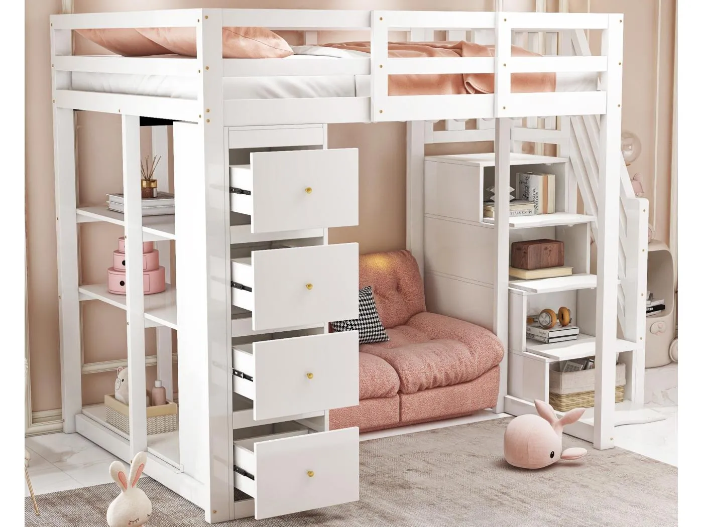 140x200cm Hochbett aus Massivholz – mit 4 Schubladen und Stauraumtreppe – Weiß (Matratze nicht im Lieferumfang enthalten)